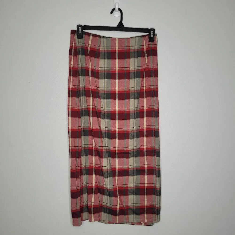 y2k red tan black plaid preppy academia faux wrap midi cottage skirt 12 NWT